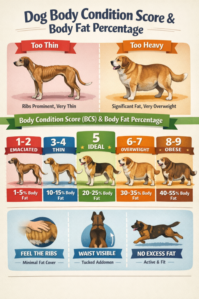 Dog body condition scores and body fat percentage-dog food for obesity in dogs