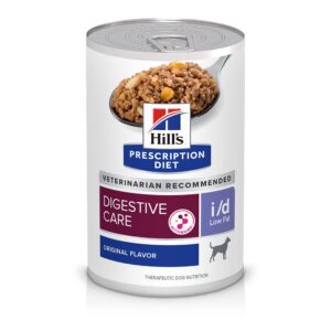 Hill's i/d Low Fat Chicken and Vegetable Stew wet dog food for digestive recovery. Highly digestible low fat canned dog food for dogs with vomiting and diarrhea. Therapeutic gastrointestinal wet diet for pancreatitis management
