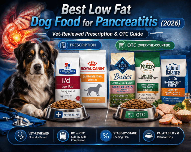 Best low fat dog food for pancreatitis in dogs 2026 vet reviewed prescription and OTC guide with dog and food bowl